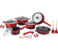 ROYALTY LINE, 17-Piece Set, die-cast Aluminum cookware Set, Marbled Coating, with Silicone Handles, 24-28 cm, Red