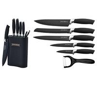 ROYALTY LINE, RL6MSTK, Set of 5 Stainless Steel Knives with Black Block, Ergonomic and Ceramic Coating, Including Peeler, Pink Color, Standard Size