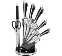 ROYALTY LINE, RLKSS700, 8 Piece Knife Block with Fan Holder, Scissors, Stainless Steel Knives, Non-Slip Handles, Sharpener Included - Black - Standard Size