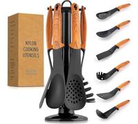 ROYALTY LINE, RLU03, Set of 6 Kitchen Utensils with 360° Rotating Support in Wood-Effect Nylon, Comfortable Handles, Modern Design, Black/Brown, H 36 cm