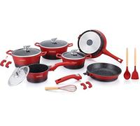 ROYALTY LINE, Set of 17 Pieces, Cast Aluminum cookware, Marbled Coating, with Removable Silicone Handles, Compatible with All Heat Sources, 24-28 cm, Red