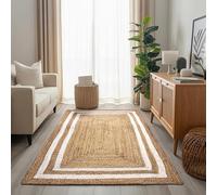 Royegal Carpets Handmade Jute Area Rug, Natural with White Border Stripes, Coastal Boho Farmhouse Style, Indoor Living Room Decor