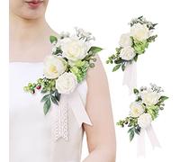 ROYETUM Wedding Shoulder Corsage Set of 2 Handmade Artificial Flower for Bridesmaid, Mother of The Bride White and Green Décor in Rustic Wedding Party (Shoulder Floral