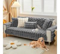 Royhom couch cover for dogs washable, Non Slip Thick Rabbit Plush Dark Grey Sofa Cover, Super Soft Warm Sofa Pad for Leather Sofas, Fur Couch Slipcovers for Living Room (Seater Cover, 90x180cm)