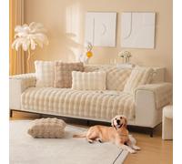 Royhom Couch Cover for Dogs Washable, Non Slip Thick Rabbit Plush Khaki Sofa Cover, Super Soft Warm Sofa Pad for Leather Sofas, Fur Couch Slipcovers for Living Room (Armrest or Backrest, 90x160cm)