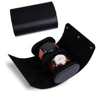 RoYiio Watch Roll Travel Case for Men/Women (Storage for 2 Watches, Black) | Vintage 2 Slots Cylindrical Watch Storage/Organizer Box, Innovative Removable Pillows/Solid Dividers, Travel/Home/Display
