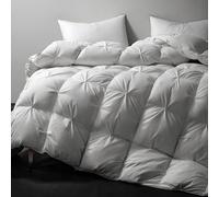 Royoliving Premium Pinch Pleat Feathers Down Comforter Queen Size White 100% Cotton Cover Full Size All Season Duvet Insert with Corner Tabs (90x90, 60 oz)