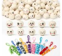 ROYUEXT 100 Pcs Wooden Beads Smile Face 20mm Round Natural Wooden Beads, 10 Styles for Jewelry Making Crafts DIY