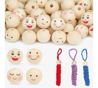 ROYUEXT 120 Pcs Natural Wooden Beads, 20mm Round Smile Face, 4 Styles, DIY Crafts