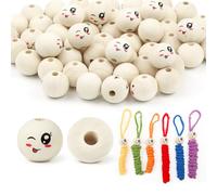 ROYUEXT 50 Pcs Wooden Smile Face 20mm Round Natural Beads, Round Ball with 5mm Hole, Macrame Emoji Beads for Crafting DIY Handmade (Style C: Wink Playful)