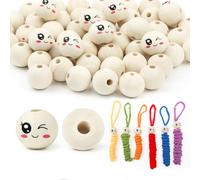 ROYUEXT 50 Pcs Wooden Smile Face 20mm Round Natural Wooden Beads, Wood Round Ball with 5mm Hole,Smiley Face Macrame Emoji Beads for Crafting DIY Handmade (Style B:Wink Smile)