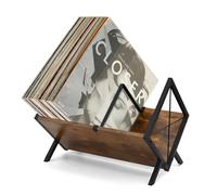 ROYUEXT Vintage Record Storage Rack, Black Metal Frame with Wooden Shelf, 22cm Width, Free Standing Vinyl Organizer for Albums, CDs, Books, Magazines, Industrial Style