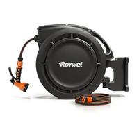 Roywel Garden Hose Reel 30M Wall Mounted Hose Reel - Automatic Rewind, Any Length Lock&Slow Return Systerm,180° Swivel Bracket, 9-Pattern Spray Nozzle, Outdoor Watering
