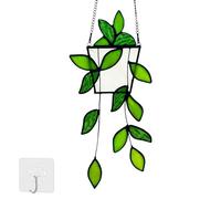 Royxen Stained Glass Window Hanging Green Plants Artificial Deocr Faux Plant Suncatchers, Gift for Plant Lover