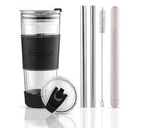ROZBAH 20 oz Premium Insulated Double Wall Glass Tumbler - Spill Proof - Stainless Steel Straws - Mutli-purpose Lid - Reusable Travel Mug for Boba Tea, Coffee, Juice, Smoothies and Shakes