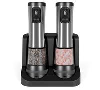 Rozhuhro Stainless Steel Electric Salt and Pepper Grinder Set, One-Button Contro, Automatic Salt Pepper Mill Grinder with Dust Cover, Adjustable Coarseness, with Rechargeable Base,Silver