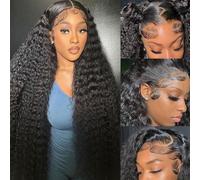 Rozilo Aomllute 32 Inch Lace Front Wig Human Hair Pre Plucked 200 Density 13x4 HD Deep Wave Lace Frontal Wigs Human Hair with Baby Hair deep Curly human hair Wigs for Women Natural Black