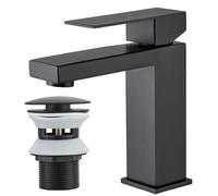 Rozin Basin Taps with Pop up Waste Bathroom Square Sink Mixer Tap with Sink Plug Single Lever Black Basin Mixer Tap with G1/2’’ Hoses Single Lever Modern Easy Installation