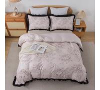 ROZTYLJ Double Duvet Cover Set, Ultra-fine Fibre Beige Bed Cover, Floral Pattern Black Lace Trim, Elegant and Comfortable, One 220x230cm Duvet Cover and Two 50x75cm Pillowcases