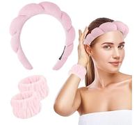 RP MALL Facial Spa Headband & Wristband Combo Set - 1Pc Pink Makeup Headband & 2Pcs Wrist Washbands for Face Washing, Skincare, Shower, Makeup Removal - Sunflower Sponge Hairband for Women and Girls