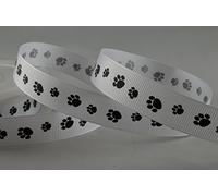 RP Ribbon White grosgrain with black dog paw prints 16mm x 20Mtr Roll