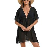 RPAEOY Women Bikini Cover Ups V Neck Short Sleeve Tassels Mini Beach Dress Beachwear Swimsuit Cover Up Sexy Casual Summer Swimwear Bathing Suit