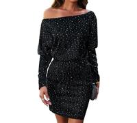 RPAEOY Womens Bodycon Mini Dress Off Shoulder Sequin Long Sleeve Dress Sparkly Elegant Tight Short Wrap Pencil Dresses for Going Out Cocktail Party Club Black XL