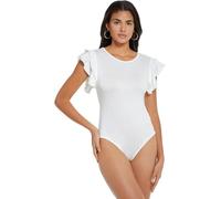 RPAEOY Womens Bodysuit Crew Neck Double Ruffle Short Sleeve Thong Jumpsuit Slimming Casual Elegant Shirts Ribbed Leotard Summer Tops for Going Out Holiday Party Club White L
