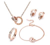 RPAEOY Women's Jewellery Set Roman Numerals Circle Zircon Stainless Steel Gold Plated Silver Earrings Bracelet Ring Necklace Elegant Wedding Evening Gift (Rose Gold), Steel, Stainless Steel, Stainless
