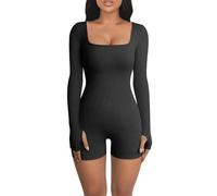 RPAEOY Women's Jumpsuit Playsuit Ribbed Long Sleeve Square Neck Sexy Bodycon One Piece Unitard Sports Romper High Waist All in One for Gym Wear Workout Casual Yoga (Black,S)