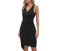 RPAEOY Women's Summer Cocktail Dress V Neck Sleeveless Rushed Asymmetrical Bodycon Elegant Wrap Formal Occasion Dresses for Wedding Guest Party Office Going Out Black L