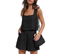 RPAEOY Womens Two Piece Outfit Linen Sleeveless Square Neck 2 Piece Co Ord Sets Summer Crop Tank Tops And Shorts Set With Pockets Loose Lounge Beach Vacation Clothes