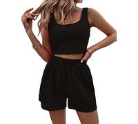 RPAEOY Womens Two Piece Outfit Sleeveless Ribbed Tank Crop Top Casual Co Ord Sets High Waisted Shorts and Top Set with Pockets 2 Piece Lounge Wear Summer Clothes Black L