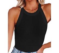 RPAEOY Womens Vest Top Ribbed Round Neck Solid Color Summer Sleeveless Tank Stretch Slim Basic Shirt Casual Racer Back Tank Top XL Black