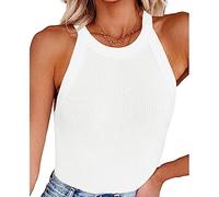 RPAEOY Womens Vest Top Ribbed Round Neck Solid Color Summer Sleeveless Tank Stretch Slim Basic Shirt Casual Racer Back Tank Top White L