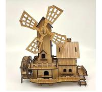 RPH Wooden 3D Puzzle Windmill House Kit - Bamboo-Colored Windmill with Cottage, Enhances Spatial Thinking Skills and Focus, 3D Puzzle Construction Set