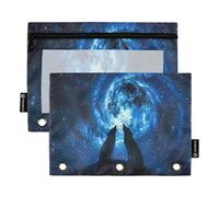 RPLIFE 3 Hole Punch Zipper Pouch with Clear Window, 2 Pack Pencil Pouch Boys Elementary Kids School Supplies, 9.8″ × 7″, Wolves Howling Moon Night