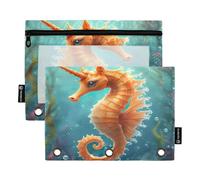 RPLIFE 3 Ring Pencil Bag with Clear Window, 2 Pack Kids Pencil Pouch Boys Kids School Supplies, 9.8″ × 7″, Cute Sea Horse Unicorn
