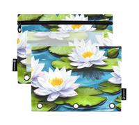 RPLIFE 3 Ring Zippered Pouch with Clear Window, 2 Pack 3 Ring Pencil Pouch for Girls Kids School Supplies, 9.8″ × 7″, Elegant White Lotus Flowers