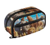 RPLIFE African Animal Giraffe Tiger Pencil Case for Kids Large Capacity Stationery Organizer,Multi Compartment Stationery Organizer with Clear PVC Pocket