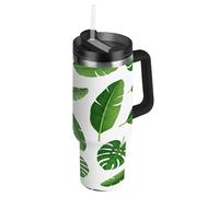 RPLIFE Banana Leaves Green Tumbler with Handle 30 Oz Coffee Cup with Lid, Stainless Steel Tumblers for Women Men Travel