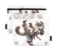 RPLIFE Binder Zipper Pouch with Clear Window, 2 Pack 3 Ring Pencil Pouch for Girls Kids School Supplies, 9.8″ × 7″, Kung Fu Cat Ragdoll