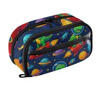 RPLIFE Cartoon Dinosaurs Rockets Blue Kids Pencil Case With Clear PVC Pocket Large Capacity Multi Compartment Pencil Bag for School Supplies