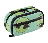 RPLIFE Cartoon Green Alien Kids Pencil Case With Clear PVC Pocket Large Capacity Multi Compartment Organizer for School Supplies