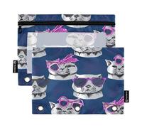 RPLIFE Cats Sunglasses Dark Blue Three Hole Punch Zipper Pouch with Clear Window, 2Pack Pencil Pouch Kids Kids School Supplies, 9.8″ × 7″ (One Size x 2)
