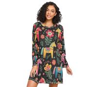 RPLIFE Colorful Folk Art Horses Long Sleeve Womens Sleepshirt, Cozy Crewneck Sleep Dress, Loose Womens Nightgown, Colorful Folk Art Horses, XXL