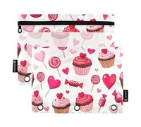 RPLIFE Cupcakes Hearts Candy 2Pack Zippered Binder Pouch for Kids School, Pencil Bag Clear Front for Boys Girls, 9.8 In × 7″ In (One Size x 2)