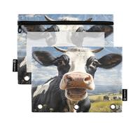 RPLIFE Curious Cow Portrait 2 Pack Zippered 3 Hole Binder Pouch for Kids School, Clear Front Large Pouch for Boys Girls, 9.8″ × 7″