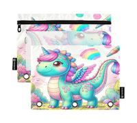 RPLIFE Cute Cartoon Dinosaur Unicorn 2Pack 3 Hole Punch Pockets for Kids School, Clear Pouch for Boys Girls, 9.8 In × 7″ In (One Size x 2)