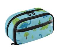 RPLIFE Cute Cartoon Dinosaurs Blue Green Pencil Case for Girls Large Capacity Organizer,Multi Compartment Stationery Organizer with Clear PVC Pocket